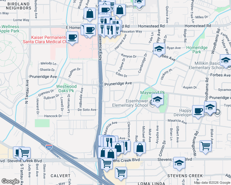 map of restaurants, bars, coffee shops, grocery stores, and more near 3518 Clinton Avenue in Santa Clara
