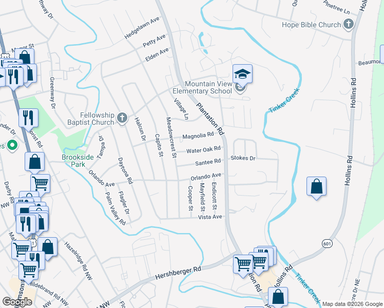 map of restaurants, bars, coffee shops, grocery stores, and more near 543 Water Oak Rd in Roanoke