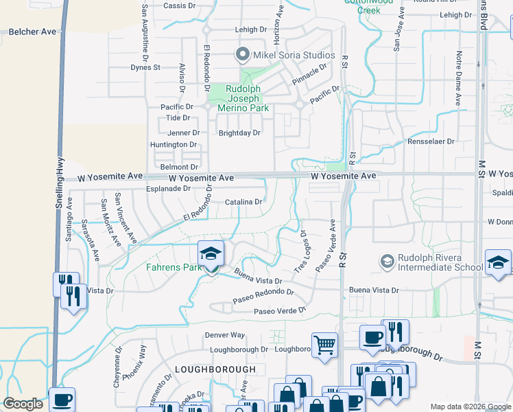 map of restaurants, bars, coffee shops, grocery stores, and more near 1234 Catalina Drive in Merced