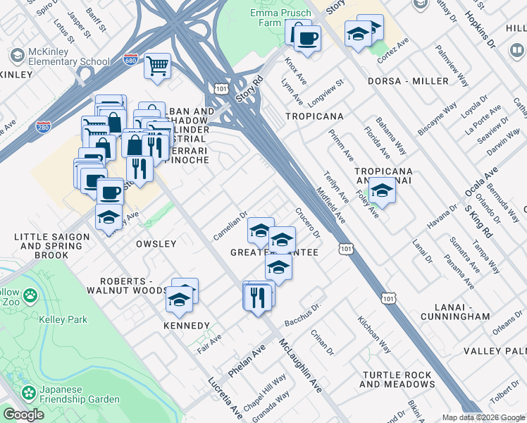 map of restaurants, bars, coffee shops, grocery stores, and more near 1379 McQuesten Drive in San Jose