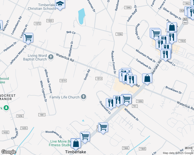 map of restaurants, bars, coffee shops, grocery stores, and more near 69 Green Hill Drive in Forest
