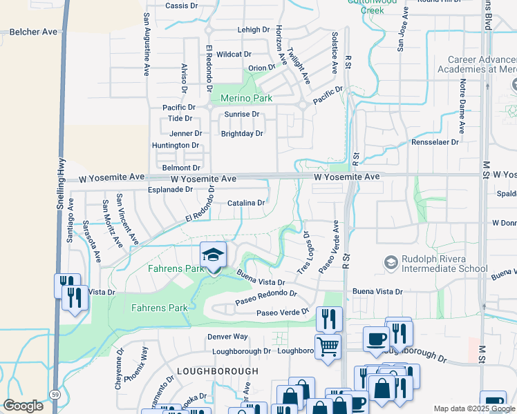 map of restaurants, bars, coffee shops, grocery stores, and more near 1234 Catalina Drive in Merced