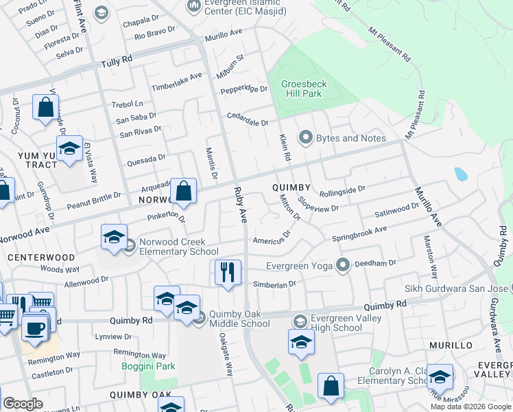 map of restaurants, bars, coffee shops, grocery stores, and more near 3415 Myersly Court in San Jose