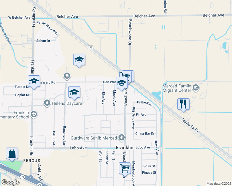 map of restaurants, bars, coffee shops, grocery stores, and more near 2932 Maple Avenue in Merced