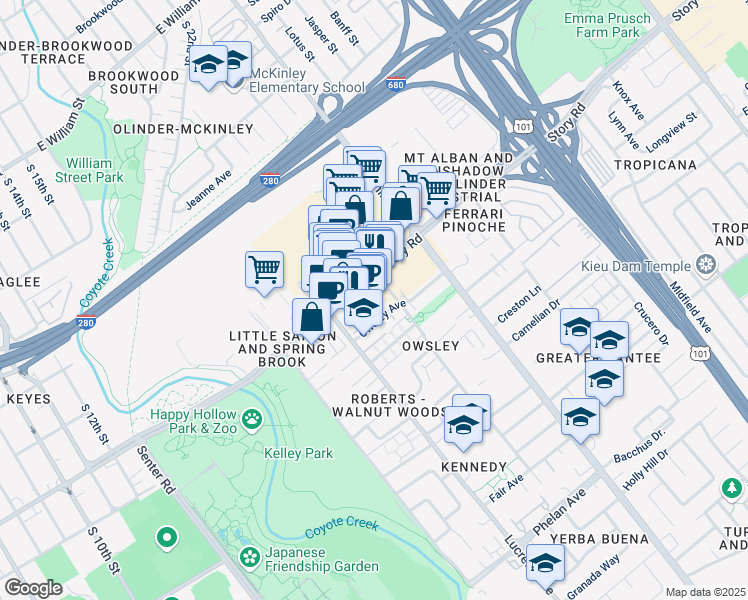 map of restaurants, bars, coffee shops, grocery stores, and more near 974 Story Road in San Jose