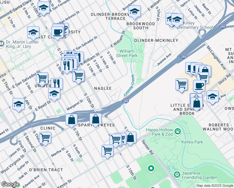 map of restaurants, bars, coffee shops, grocery stores, and more near 672 Valley Oak Terrace in San Jose