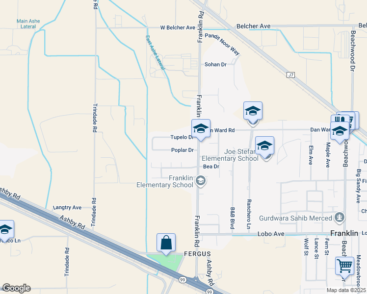 map of restaurants, bars, coffee shops, grocery stores, and more near 3032 Poplar Drive in Merced