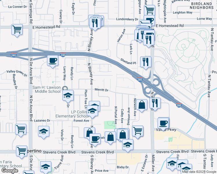 map of restaurants, bars, coffee shops, grocery stores, and more near 10511 Deodara Drive in Cupertino