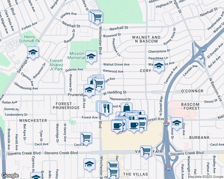 map of restaurants, bars, coffee shops, grocery stores, and more near 2461 West Hedding Street in San Jose