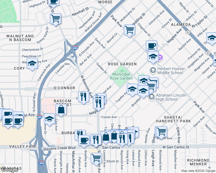 map of restaurants, bars, coffee shops, grocery stores, and more near 1773 McDaniel Avenue in San Jose