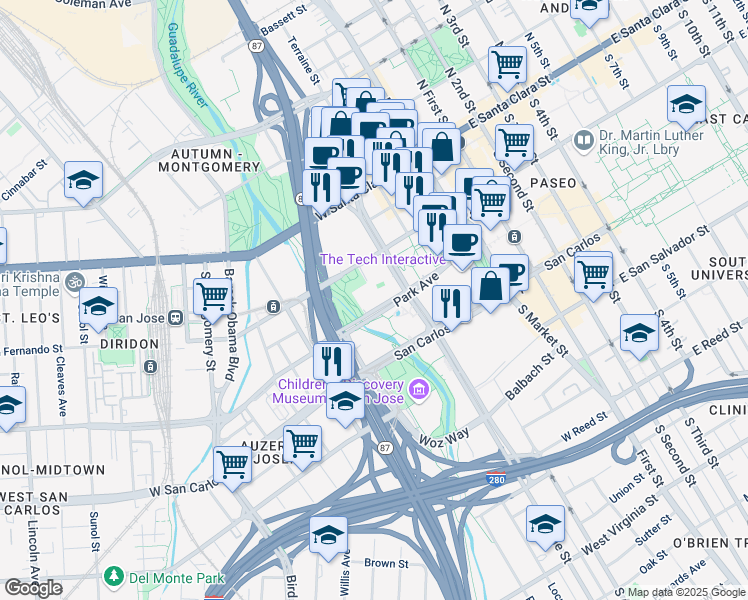 map of restaurants, bars, coffee shops, grocery stores, and more near 345 Park Avenue in San Jose