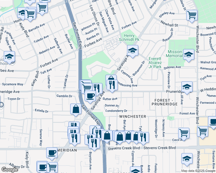map of restaurants, bars, coffee shops, grocery stores, and more near 345 Saratoga Ave in Santa Clara