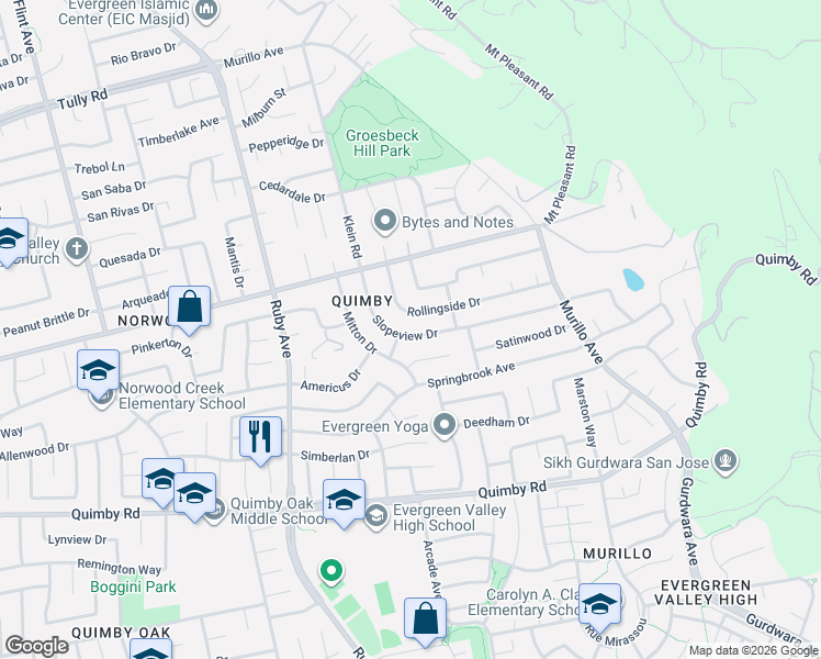 map of restaurants, bars, coffee shops, grocery stores, and more near 3561 Slopeview Drive in San Jose