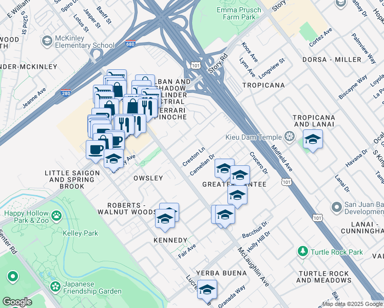 map of restaurants, bars, coffee shops, grocery stores, and more near 1181 Creston Lane in San Jose