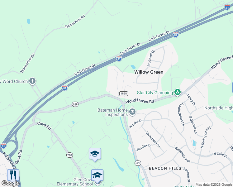 map of restaurants, bars, coffee shops, grocery stores, and more near 3316 Green Ridge Court in Roanoke