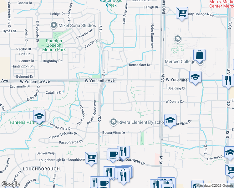 map of restaurants, bars, coffee shops, grocery stores, and more near 892 San Pablo Avenue in Merced