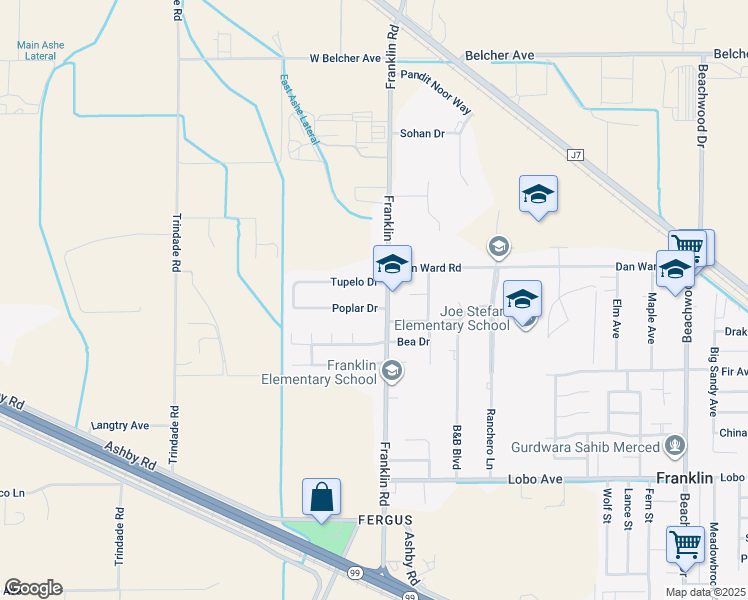 map of restaurants, bars, coffee shops, grocery stores, and more near 3032 Poplar Drive in Merced