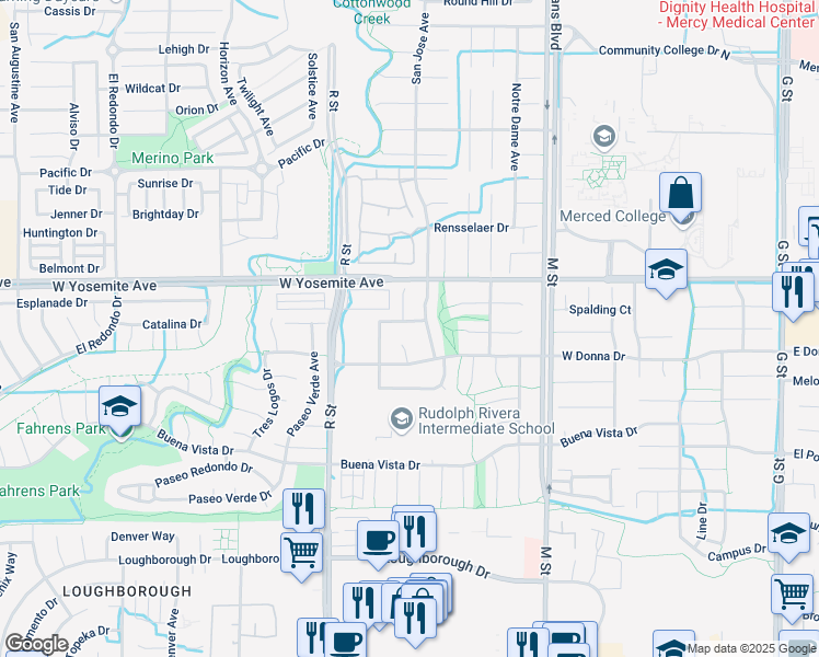 map of restaurants, bars, coffee shops, grocery stores, and more near 832 San Pablo Avenue in Merced