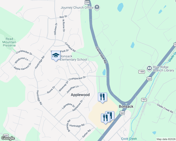 map of restaurants, bars, coffee shops, grocery stores, and more near 5360 Orchard Hill Drive in Roanoke