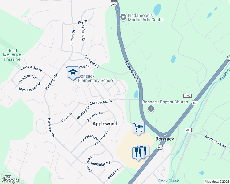 map of restaurants, bars, coffee shops, grocery stores, and more near 5360 Orchard Hill Drive in Roanoke
