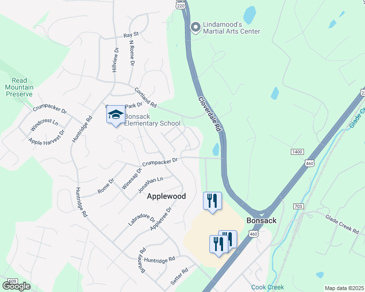 map of restaurants, bars, coffee shops, grocery stores, and more near 5360 Orchard Hill Drive in Roanoke