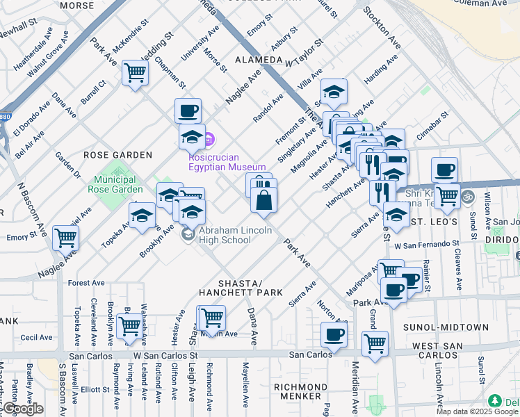 map of restaurants, bars, coffee shops, grocery stores, and more near 1490 Park Avenue in San Jose