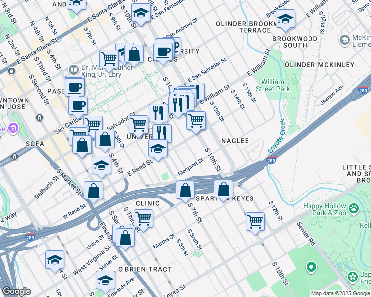 map of restaurants, bars, coffee shops, grocery stores, and more near 637 South 9th Street in San Jose