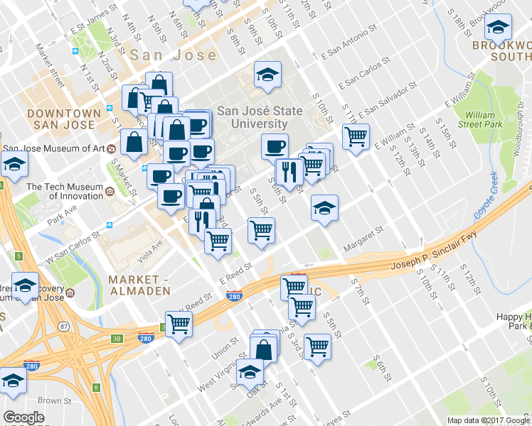 map of restaurants, bars, coffee shops, grocery stores, and more near East William Street & South 5th Street in San Jose