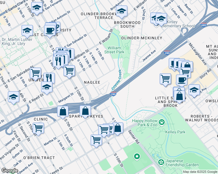 map of restaurants, bars, coffee shops, grocery stores, and more near 672 Valley Oak Terrace in San Jose