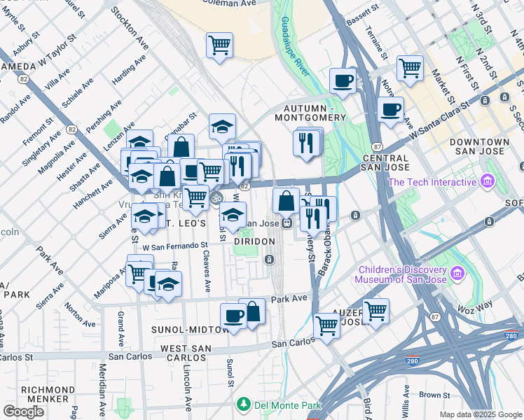 map of restaurants, bars, coffee shops, grocery stores, and more near 88 Bush Street in San Jose