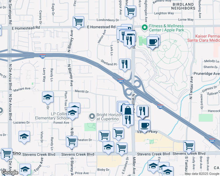 map of restaurants, bars, coffee shops, grocery stores, and more near 19691 Auburn Ct in Cupertino