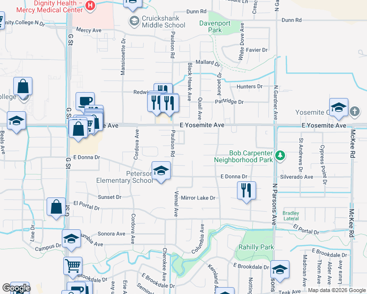 map of restaurants, bars, coffee shops, grocery stores, and more near 1046 Century Drive in Merced