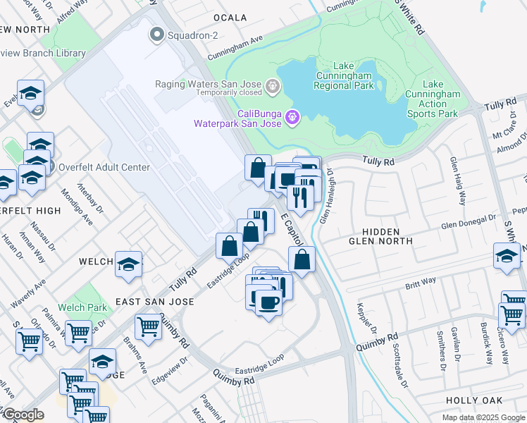 map of restaurants, bars, coffee shops, grocery stores, and more near 2382 Tully Road in San Jose