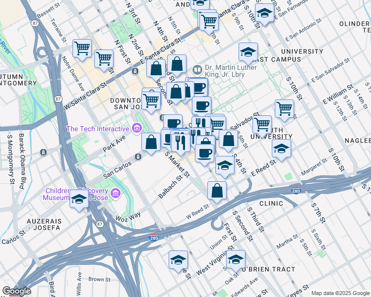 map of restaurants, bars, coffee shops, grocery stores, and more near 396 South 1st Street in San Jose