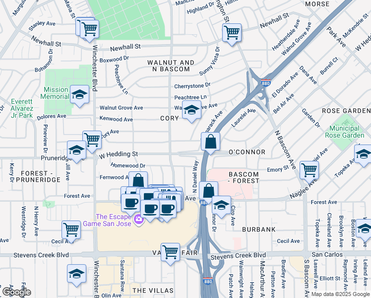 map of restaurants, bars, coffee shops, grocery stores, and more near 2241 West Hedding Street in San Jose