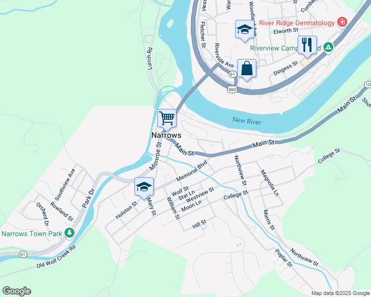 map of restaurants, bars, coffee shops, grocery stores, and more near 333 Main Street in Narrows