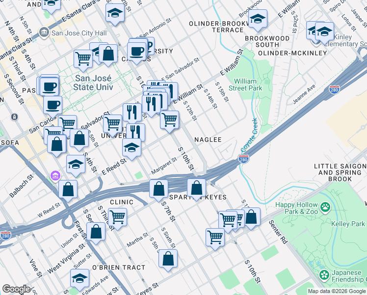 map of restaurants, bars, coffee shops, grocery stores, and more near 673 South 10th Street in San Jose