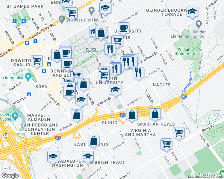 map of restaurants, bars, coffee shops, grocery stores, and more near 571 South 7th Street in San Jose