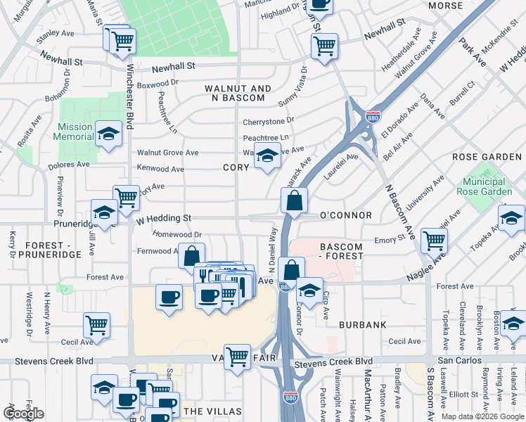 map of restaurants, bars, coffee shops, grocery stores, and more near 2249 West Hedding Street in San Jose