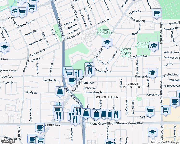 map of restaurants, bars, coffee shops, grocery stores, and more near 345 Saratoga Avenue in Santa Clara