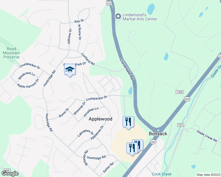 map of restaurants, bars, coffee shops, grocery stores, and more near 5810 Crispin Street in Roanoke