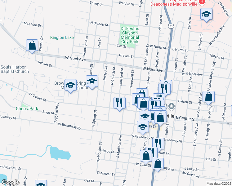 map of restaurants, bars, coffee shops, grocery stores, and more near 357 West Arch Street in Madisonville