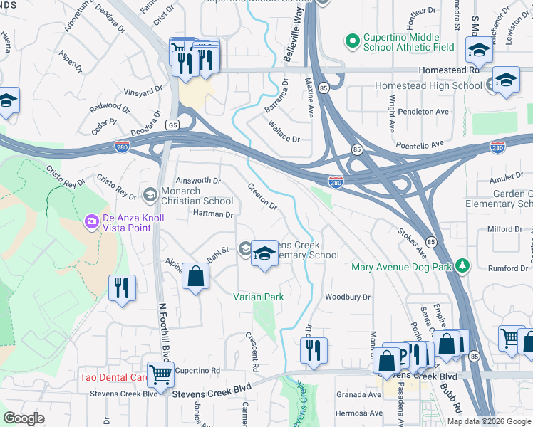 map of restaurants, bars, coffee shops, grocery stores, and more near 22180 Alderney Court in Los Altos
