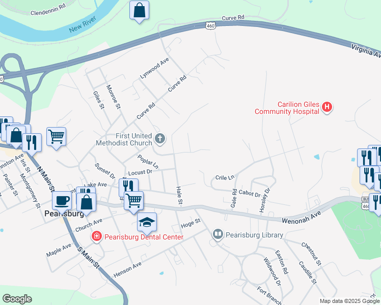 map of restaurants, bars, coffee shops, grocery stores, and more near 1204 Valley View Drive in Pearisburg