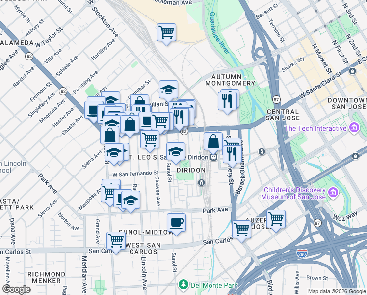 map of restaurants, bars, coffee shops, grocery stores, and more near 754 The Alameda in San Jose