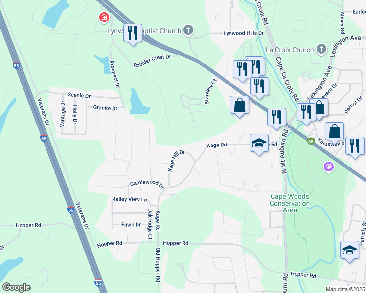 map of restaurants, bars, coffee shops, grocery stores, and more near 3212 Kage Hill Drive in Cape Girardeau