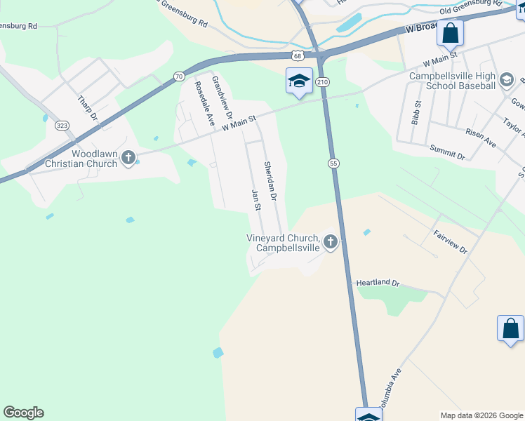 map of restaurants, bars, coffee shops, grocery stores, and more near 227 Jan Street in Campbellsville