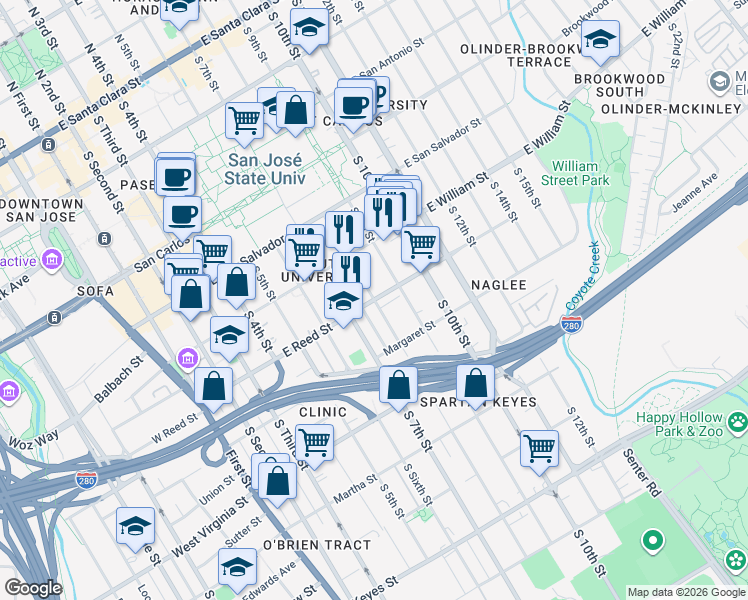 map of restaurants, bars, coffee shops, grocery stores, and more near South 8th Street in San Jose