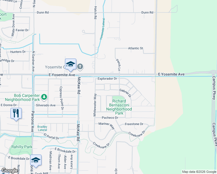 map of restaurants, bars, coffee shops, grocery stores, and more near 3853 Perez Drive in Merced