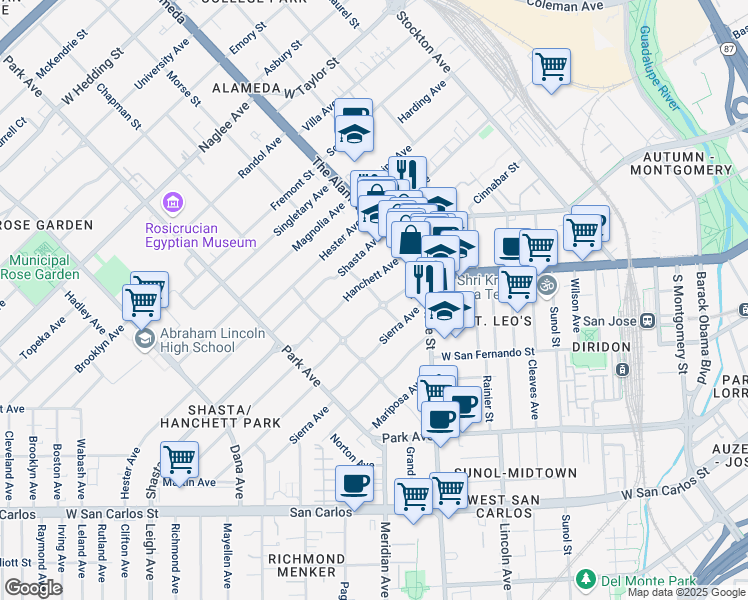 map of restaurants, bars, coffee shops, grocery stores, and more near 225 Sequoia Ave in San Jose